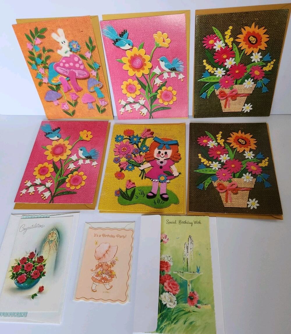 UNUSED Vintage 50s MCM LOT (9) Greeting Cards FLORAL Flowers Bunny Mushroom